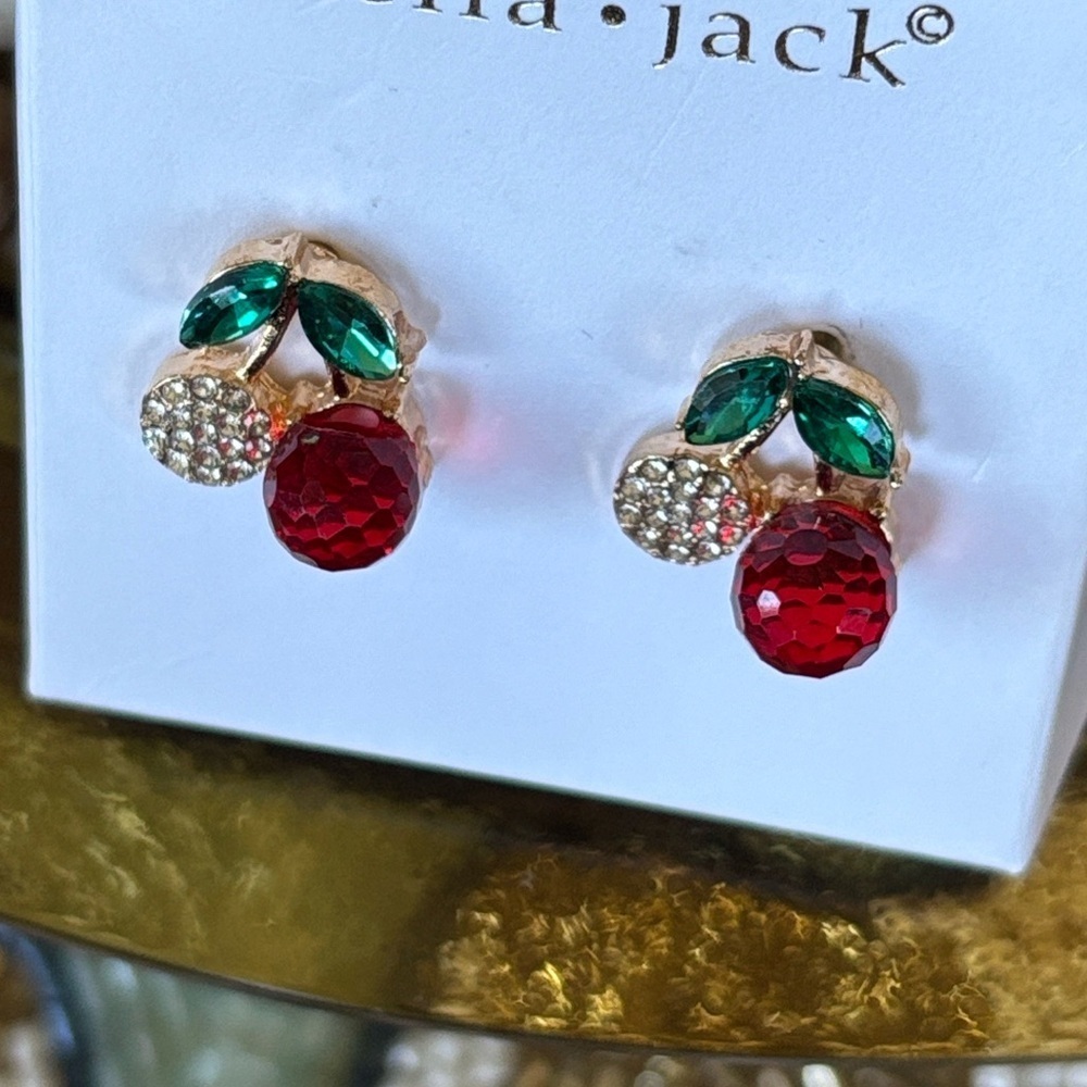 Brand New Bella Jack Red Cherries Crystal Rhinestone Post Earrings Studs Pierced - Picture 4 of 12